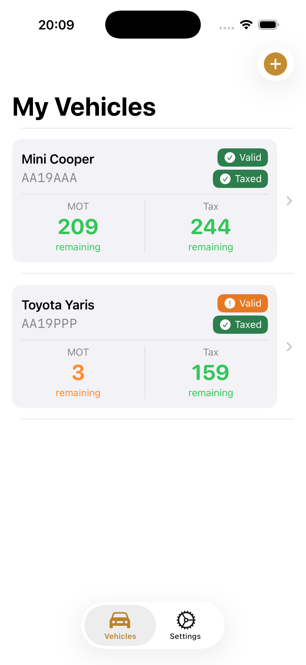 My Vehicles screen with MOT and tax status for four cars